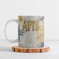 Apis Ancient Egyptian Ceramic Mug with Beige-Gray Hieroglyphic, Ornate Bull Head, and Gold-Blue Typography - Wonder Print Shop