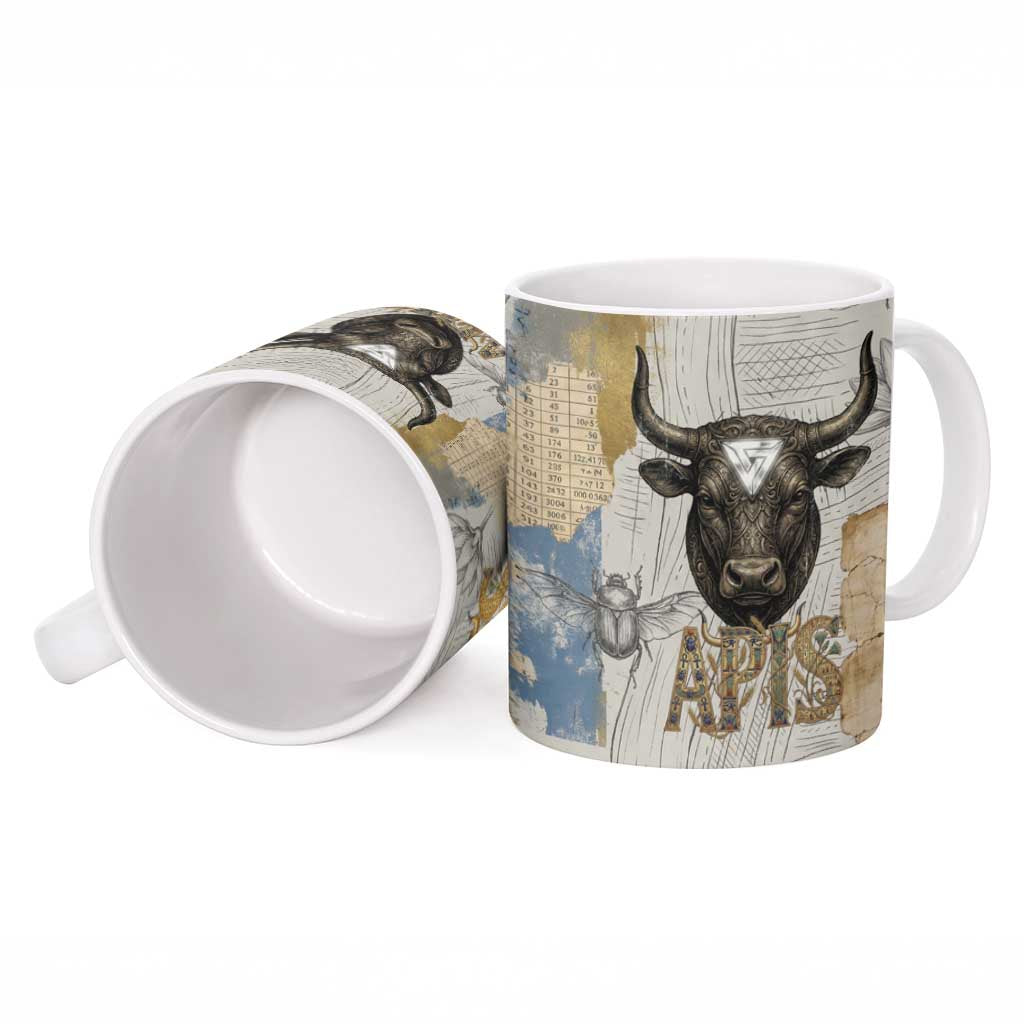 Apis Ancient Egyptian Ceramic Mug with Beige-Gray Hieroglyphic, Ornate Bull Head, and Gold-Blue Typography - Wonder Print Shop
