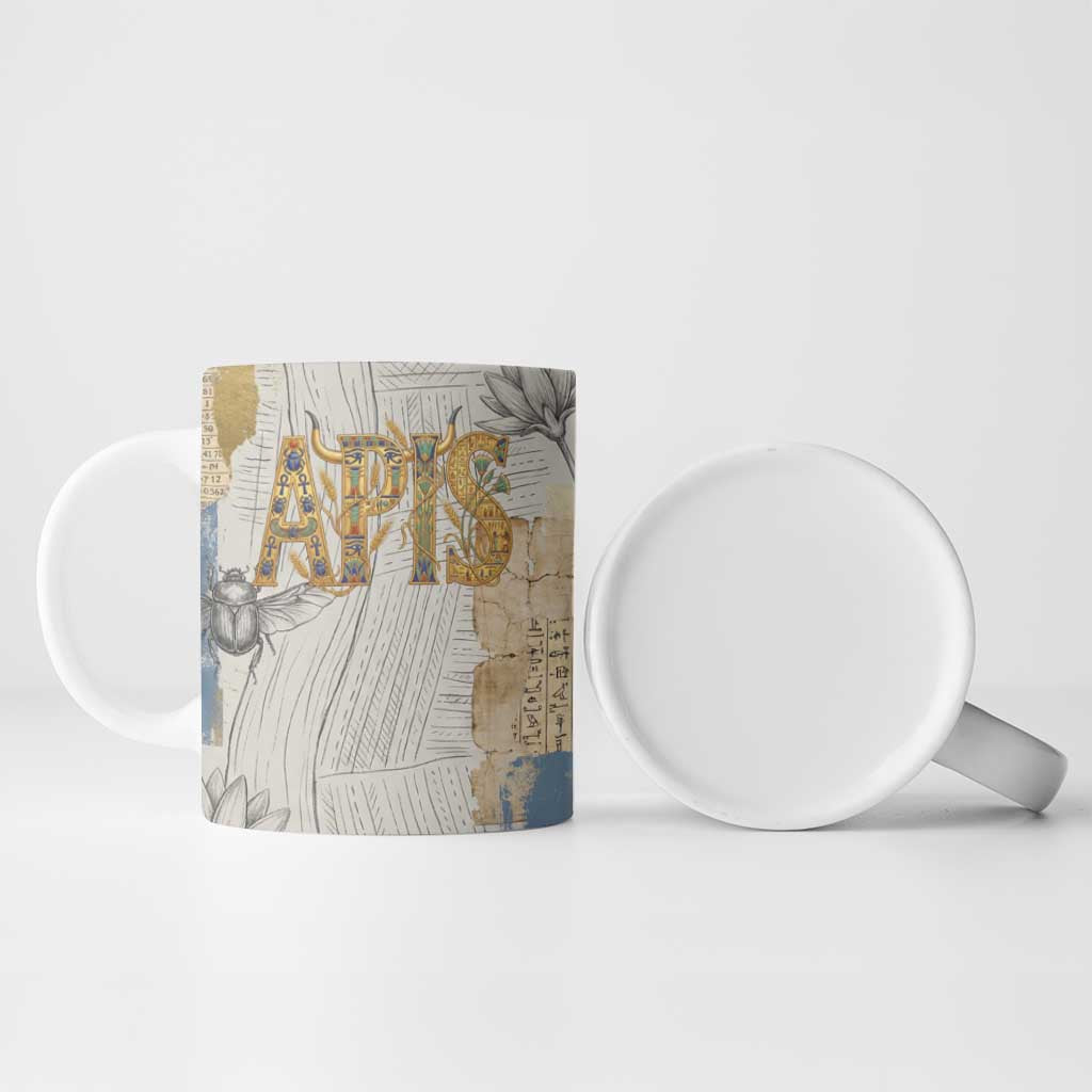 Apis Ancient Egyptian Ceramic Mug with Beige-Gray Hieroglyphic, Ornate Bull Head, and Gold-Blue Typography - Wonder Print Shop