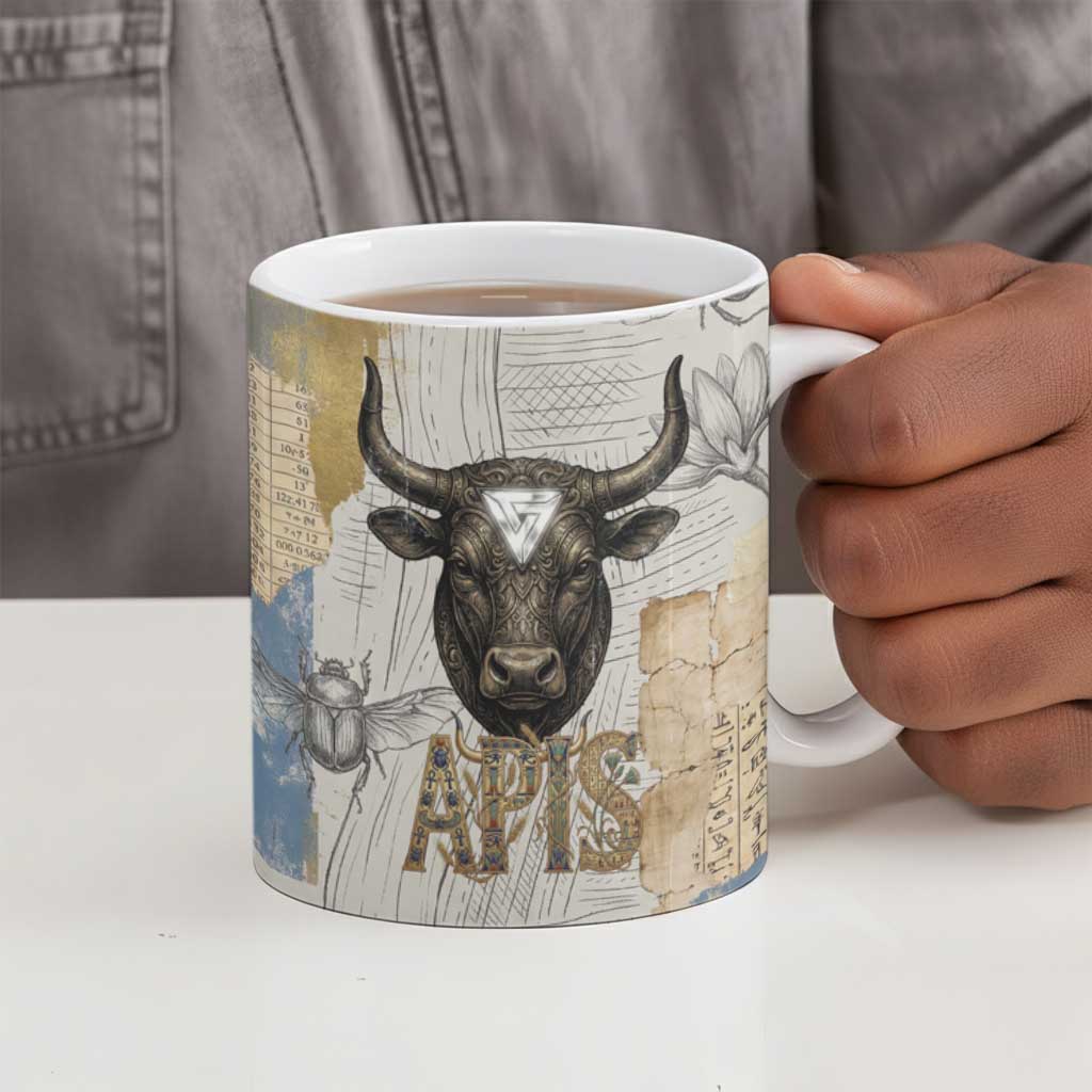 Apis Ancient Egyptian Ceramic Mug with Beige-Gray Hieroglyphic, Ornate Bull Head, and Gold-Blue Typography - Wonder Print Shop