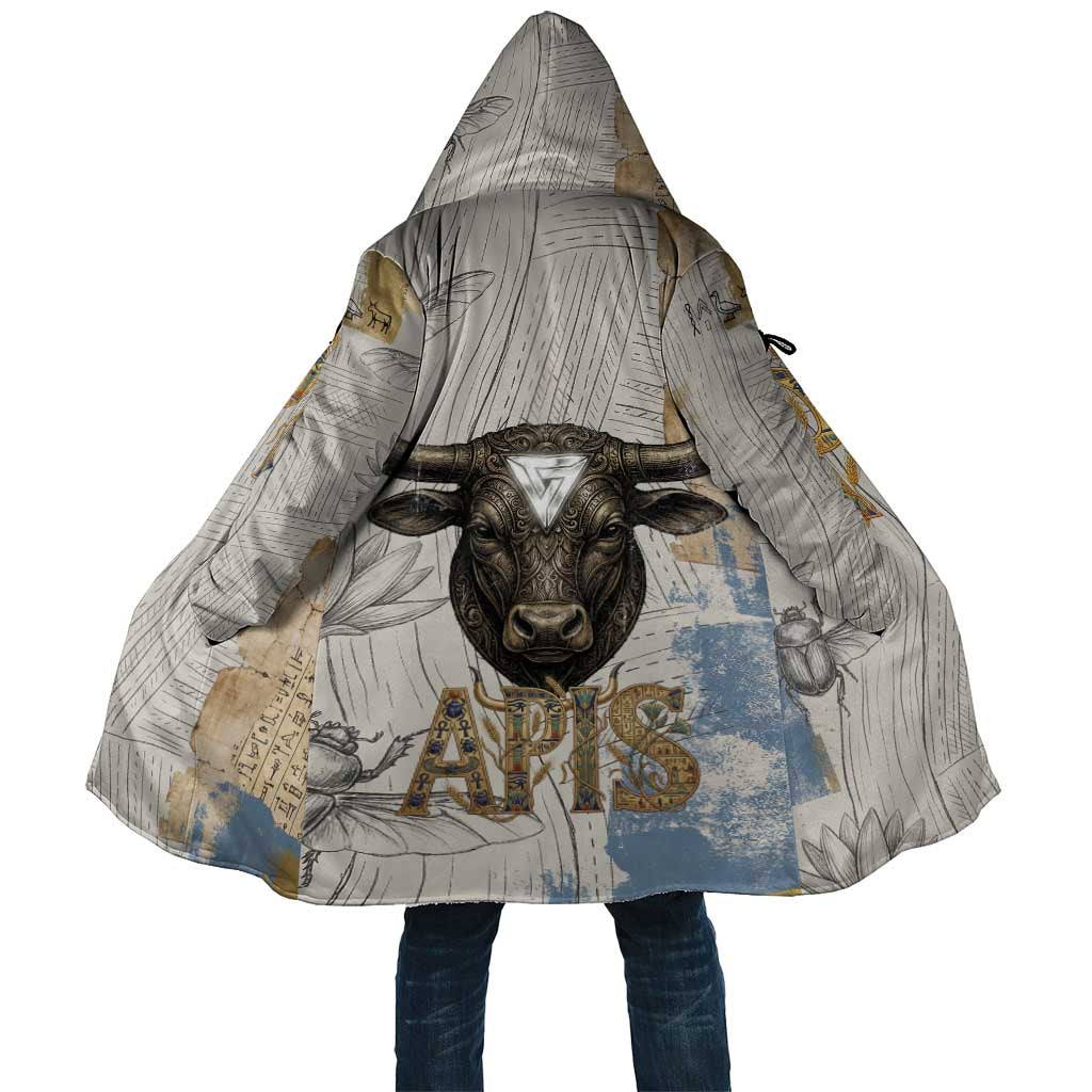 Apis Ancient Egyptian Cloak with Beige-Gray Hieroglyphic, Ornate Bull Head, and Gold-Blue Typography - Wonder Print Shop