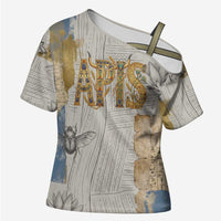 Apis Ancient Egyptian Cross Shoulder Shirt with Beige-Gray Hieroglyphic, Ornate Bull Head, and Gold-Blue Typography - Wonder Print Shop