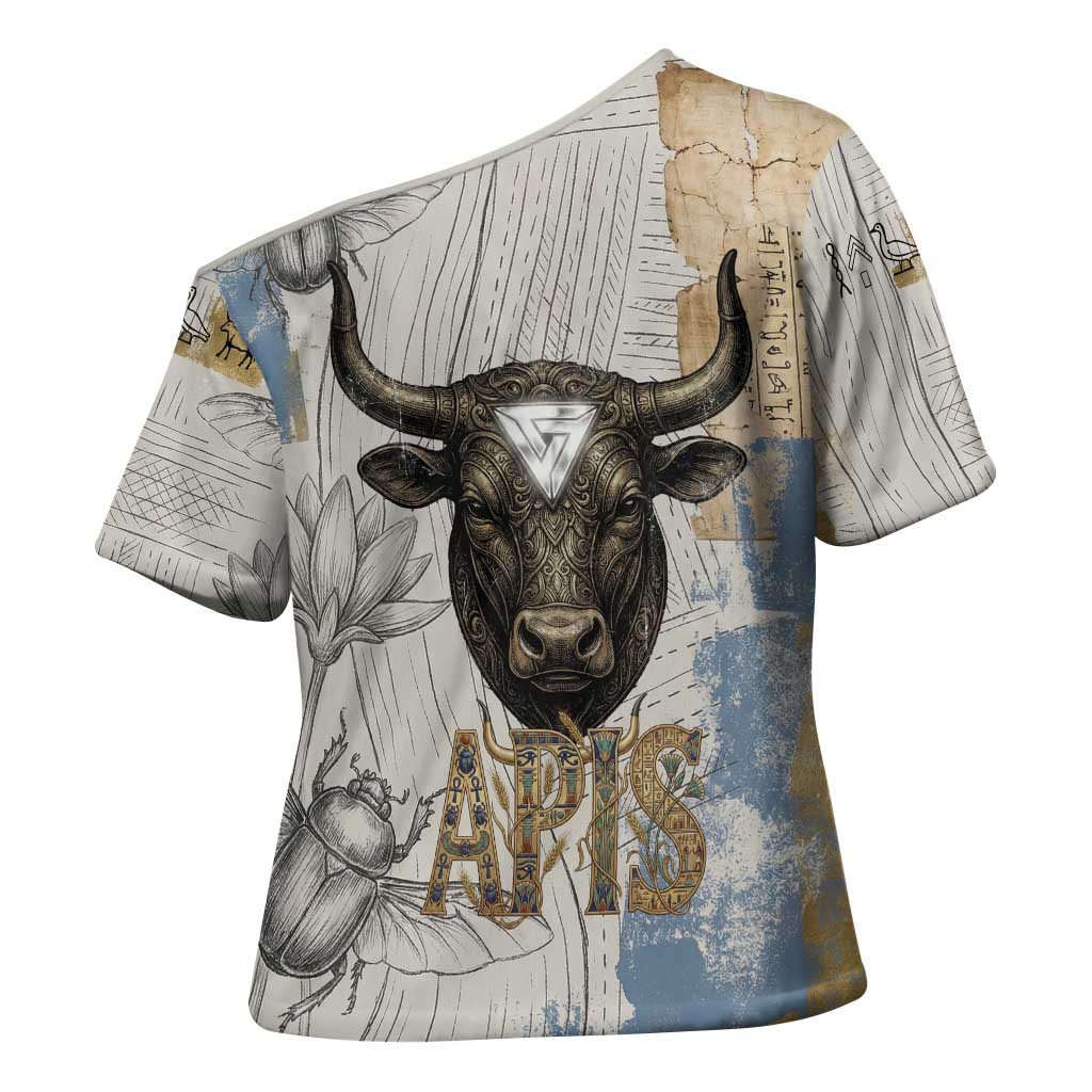 Apis Ancient Egyptian Cross Shoulder Shirt with Beige-Gray Hieroglyphic, Ornate Bull Head, and Gold-Blue Typography - Wonder Print Shop