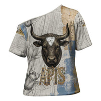 Apis Ancient Egyptian Cross Shoulder Shirt with Beige-Gray Hieroglyphic, Ornate Bull Head, and Gold-Blue Typography - Wonder Print Shop