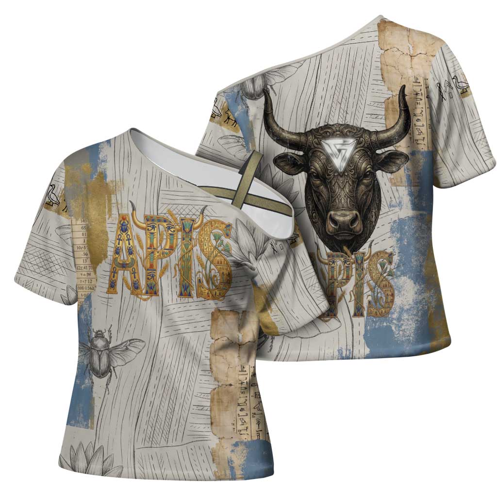 Apis Ancient Egyptian Cross Shoulder Shirt with Beige-Gray Hieroglyphic, Ornate Bull Head, and Gold-Blue Typography - Wonder Print Shop