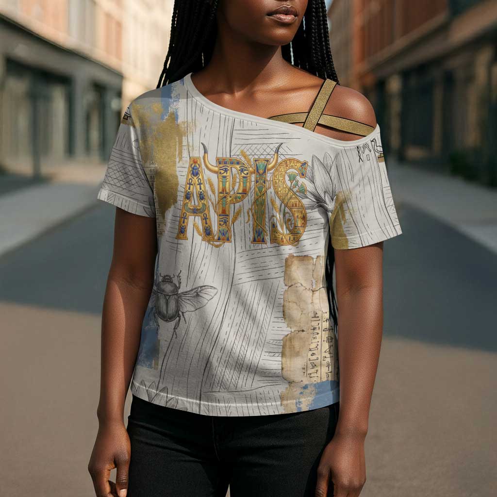 Apis Ancient Egyptian Cross Shoulder Shirt with Beige-Gray Hieroglyphic, Ornate Bull Head, and Gold-Blue Typography - Wonder Print Shop