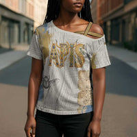 Apis Ancient Egyptian Cross Shoulder Shirt with Beige-Gray Hieroglyphic, Ornate Bull Head, and Gold-Blue Typography - Wonder Print Shop