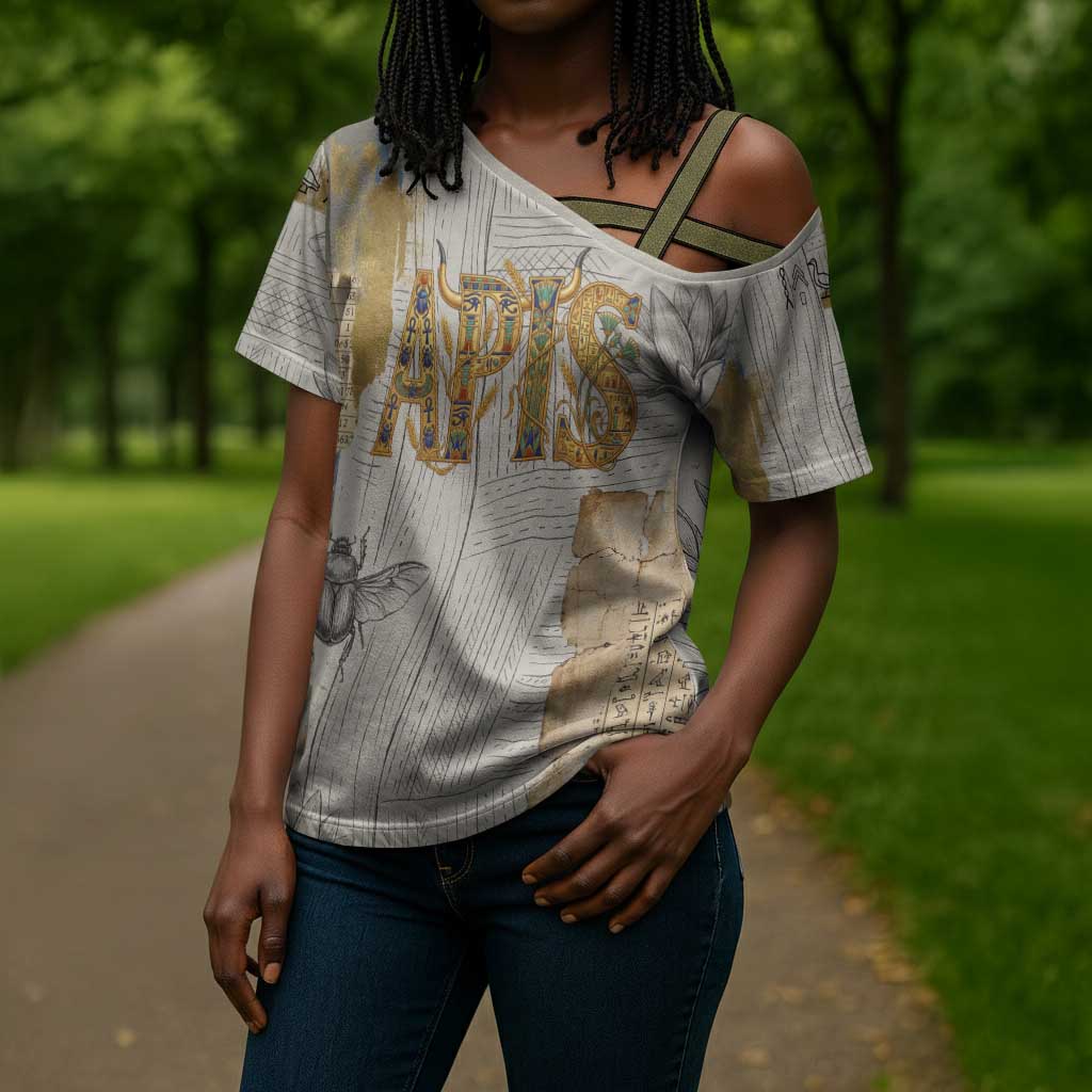 Apis Ancient Egyptian Cross Shoulder Shirt with Beige-Gray Hieroglyphic, Ornate Bull Head, and Gold-Blue Typography - Wonder Print Shop