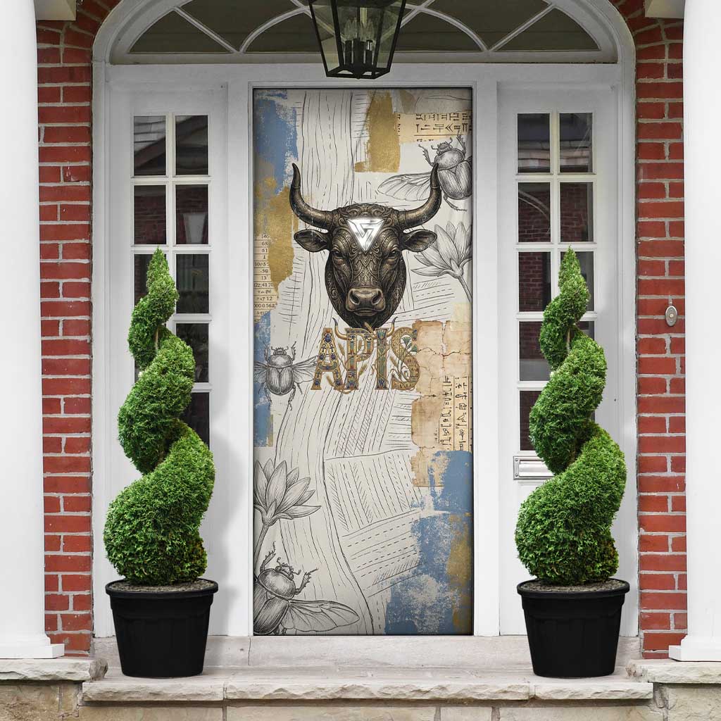 Apis Ancient Egyptian Door Cover with Beige-Gray Hieroglyphic, Ornate Bull Head, and Gold-Blue Typography - Wonder Print Shop