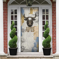 Apis Ancient Egyptian Door Cover with Beige-Gray Hieroglyphic, Ornate Bull Head, and Gold-Blue Typography - Wonder Print Shop