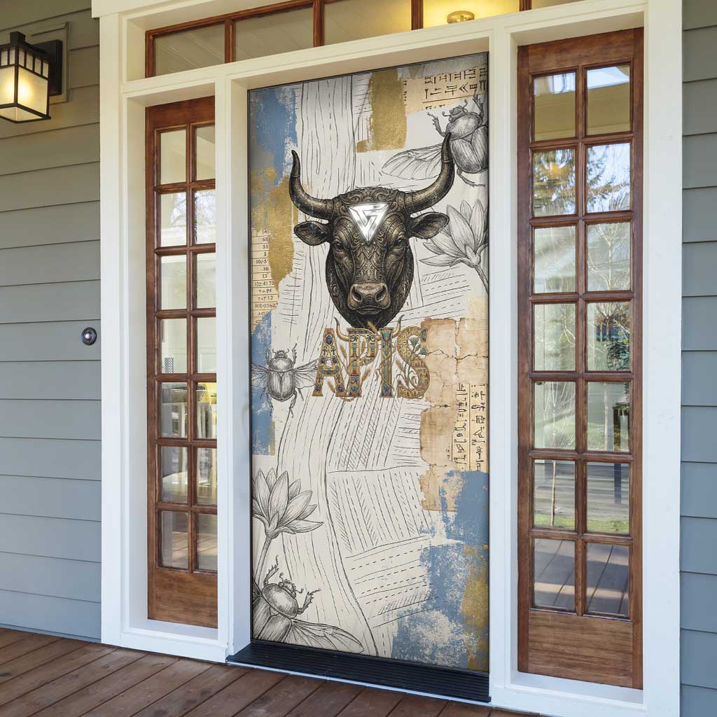 Apis Ancient Egyptian Door Cover with Beige-Gray Hieroglyphic, Ornate Bull Head, and Gold-Blue Typography - Wonder Print Shop