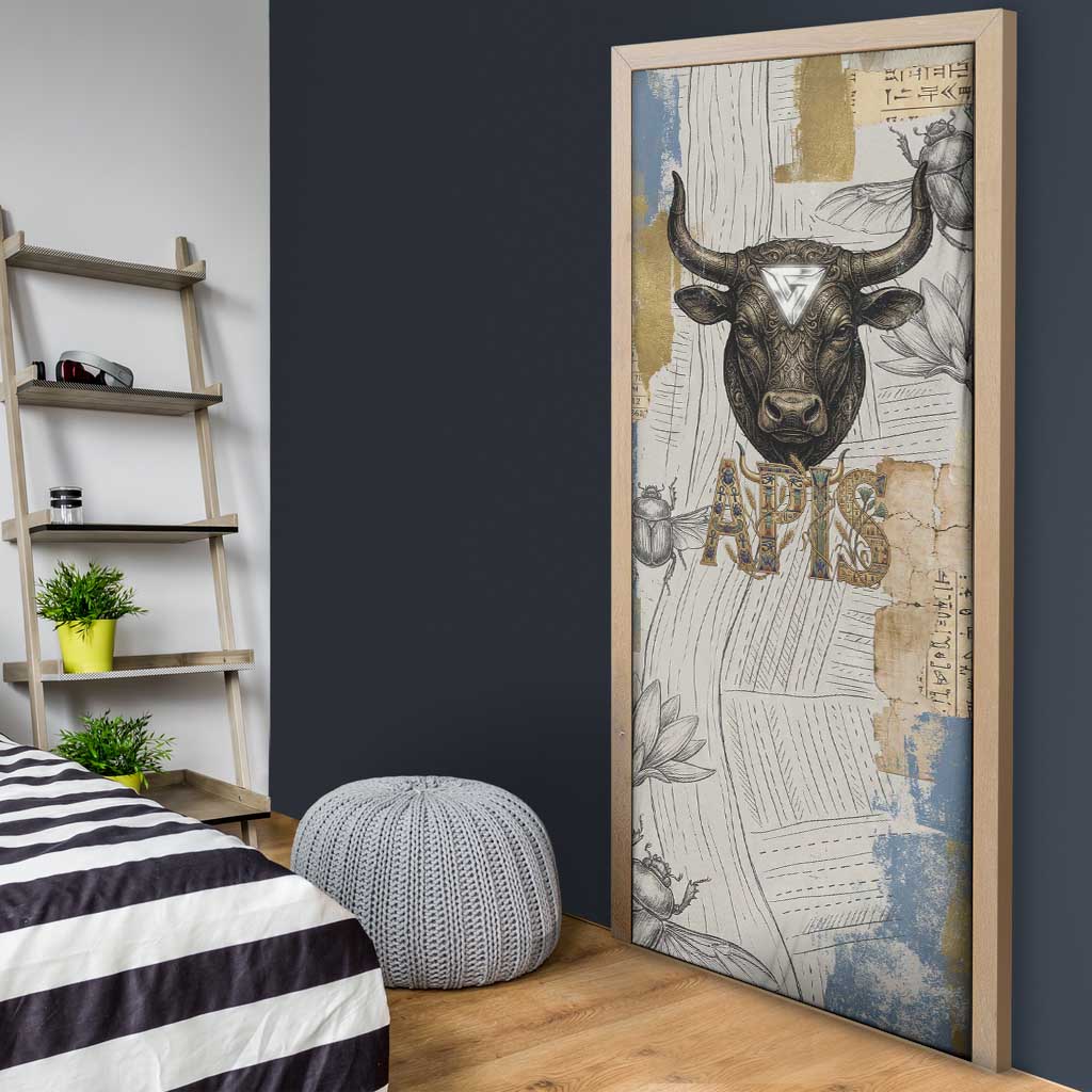 Apis Ancient Egyptian Door Cover with Beige-Gray Hieroglyphic, Ornate Bull Head, and Gold-Blue Typography - Wonder Print Shop