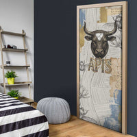 Apis Ancient Egyptian Door Cover with Beige-Gray Hieroglyphic, Ornate Bull Head, and Gold-Blue Typography - Wonder Print Shop