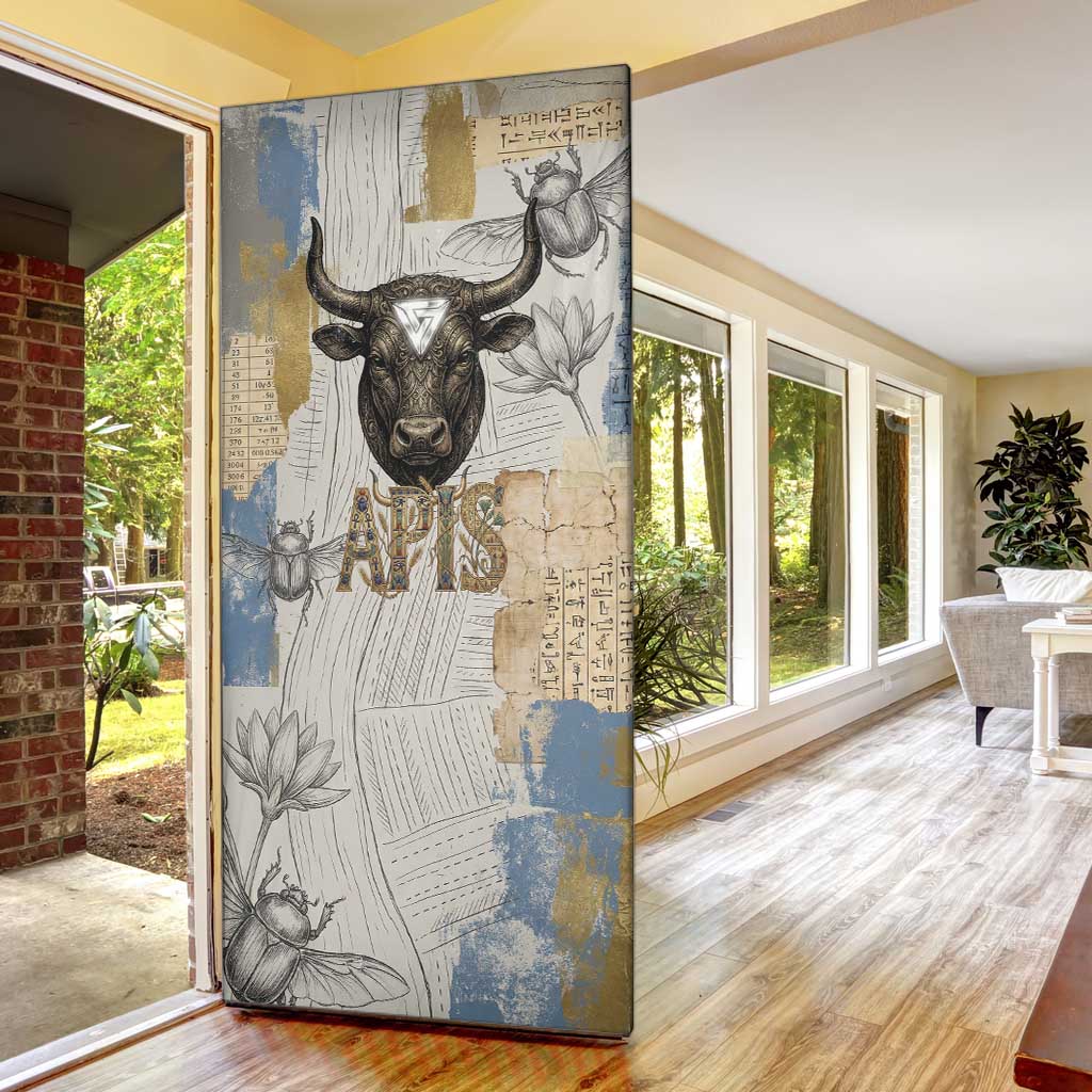 Apis Ancient Egyptian Door Cover with Beige-Gray Hieroglyphic, Ornate Bull Head, and Gold-Blue Typography - Wonder Print Shop