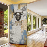 Apis Ancient Egyptian Door Cover with Beige-Gray Hieroglyphic, Ornate Bull Head, and Gold-Blue Typography - Wonder Print Shop