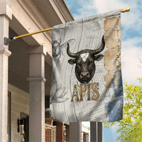 Apis Ancient Egyptian Garden Flag with Beige-Gray Hieroglyphic, Ornate Bull Head, and Gold-Blue Typography - Wonder Print Shop