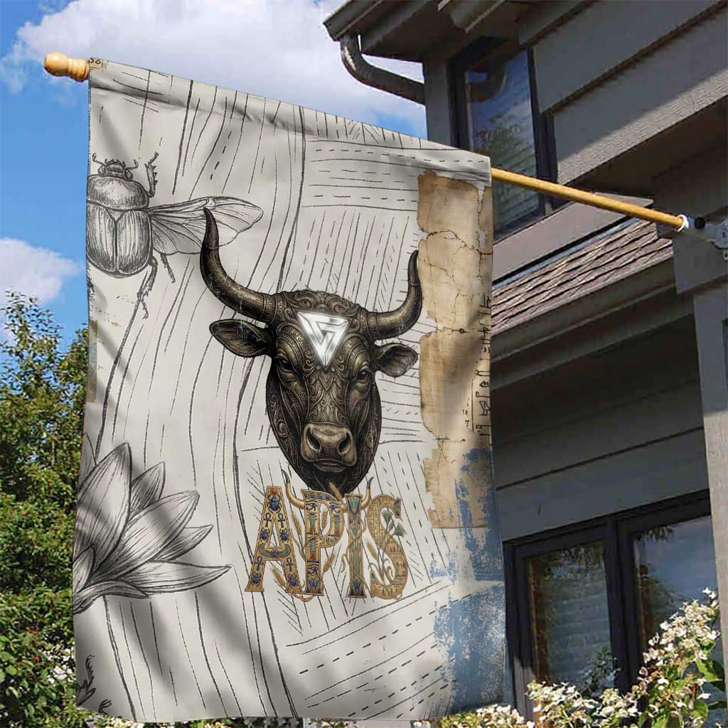 Apis Ancient Egyptian Garden Flag with Beige-Gray Hieroglyphic, Ornate Bull Head, and Gold-Blue Typography - Wonder Print Shop