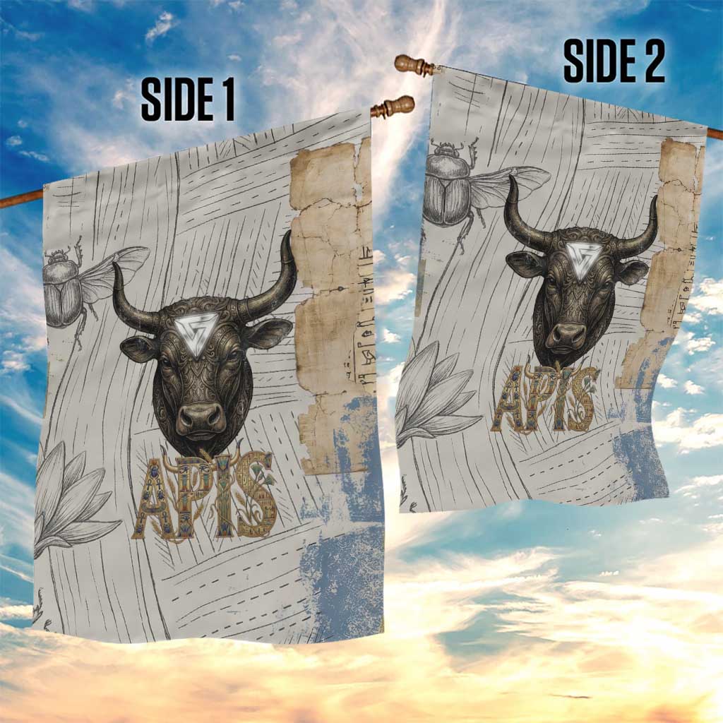 Apis Ancient Egyptian Garden Flag with Beige-Gray Hieroglyphic, Ornate Bull Head, and Gold-Blue Typography - Wonder Print Shop