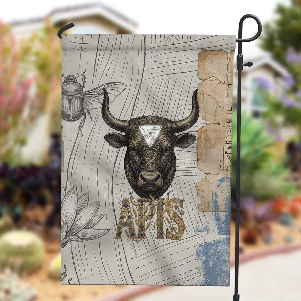 Apis Ancient Egyptian Garden Flag with Beige-Gray Hieroglyphic, Ornate Bull Head, and Gold-Blue Typography - Wonder Print Shop