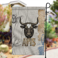 Apis Ancient Egyptian Garden Flag with Beige-Gray Hieroglyphic, Ornate Bull Head, and Gold-Blue Typography - Wonder Print Shop
