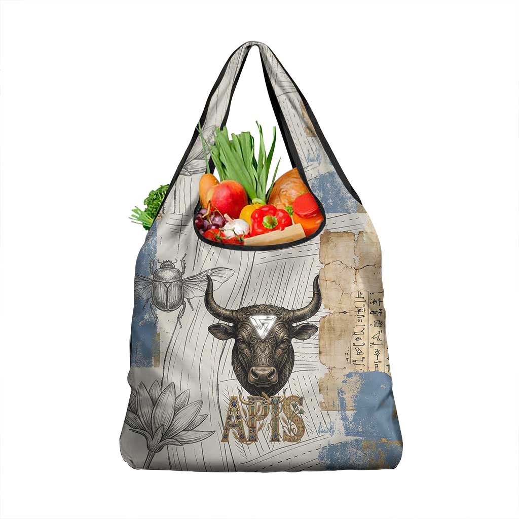Apis Ancient Egyptian Grocery Bag with Beige-Gray Hieroglyphic, Ornate Bull Head, and Gold-Blue Typography - Wonder Print Shop