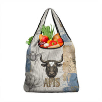 Apis Ancient Egyptian Grocery Bag with Beige-Gray Hieroglyphic, Ornate Bull Head, and Gold-Blue Typography - Wonder Print Shop