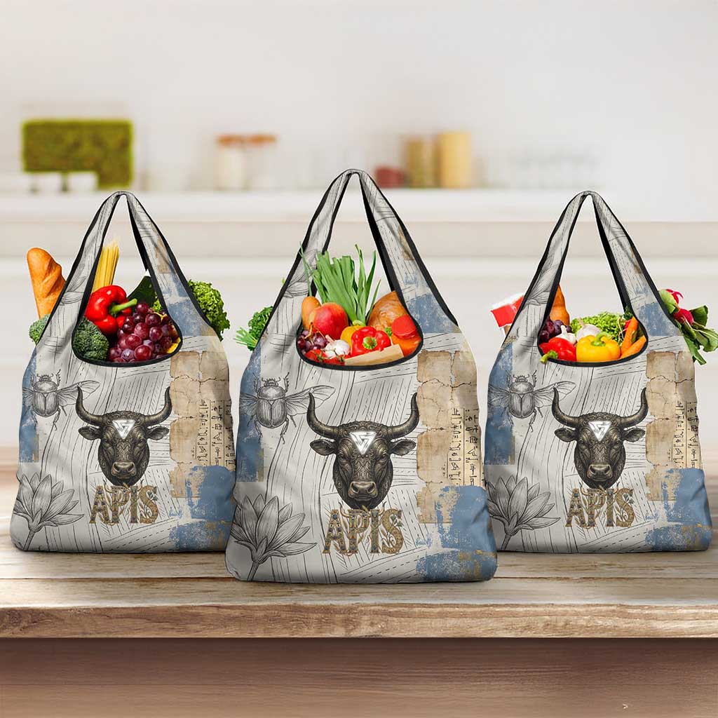 Apis Ancient Egyptian Grocery Bag with Beige-Gray Hieroglyphic, Ornate Bull Head, and Gold-Blue Typography - Wonder Print Shop