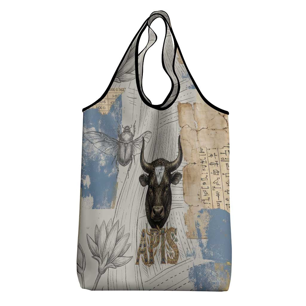 Apis Ancient Egyptian Grocery Bag with Beige-Gray Hieroglyphic, Ornate Bull Head, and Gold-Blue Typography - Wonder Print Shop