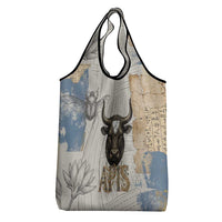 Apis Ancient Egyptian Grocery Bag with Beige-Gray Hieroglyphic, Ornate Bull Head, and Gold-Blue Typography - Wonder Print Shop