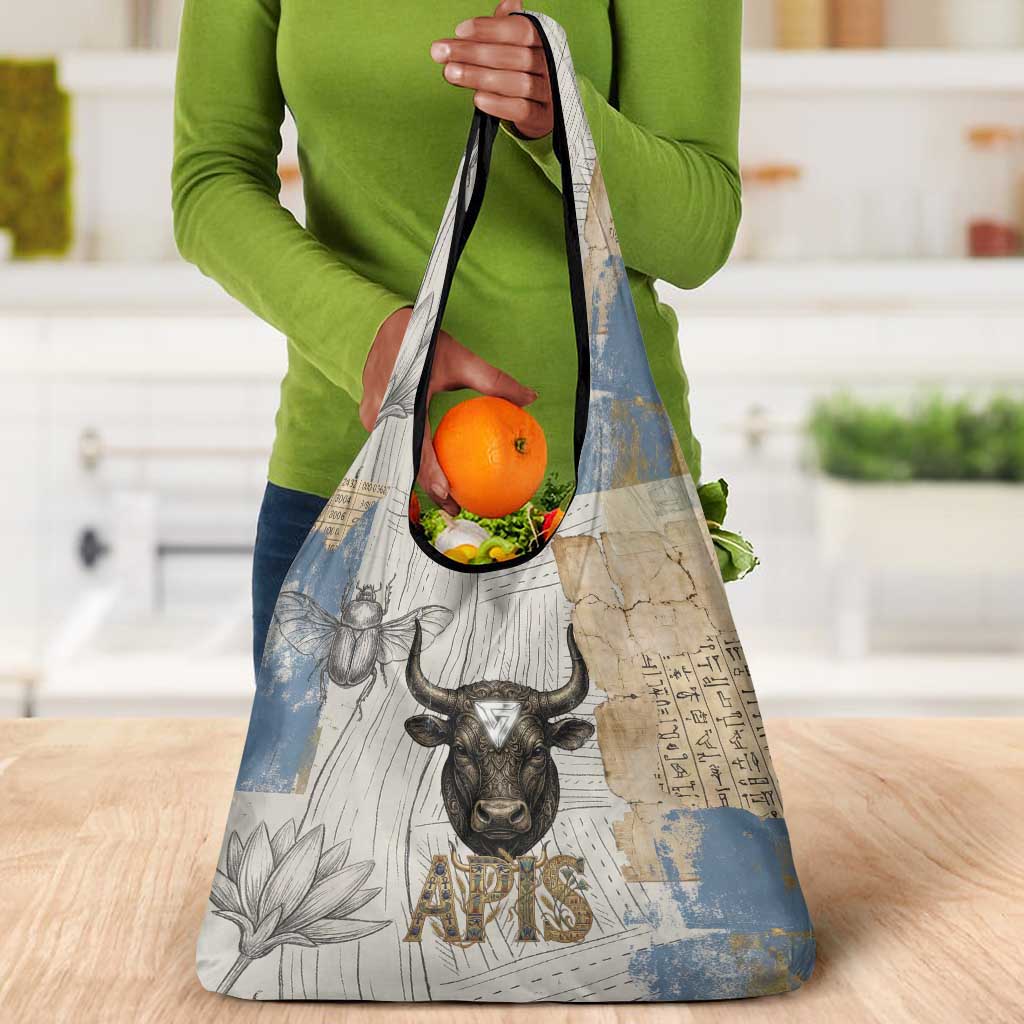 Apis Ancient Egyptian Grocery Bag with Beige-Gray Hieroglyphic, Ornate Bull Head, and Gold-Blue Typography - Wonder Print Shop