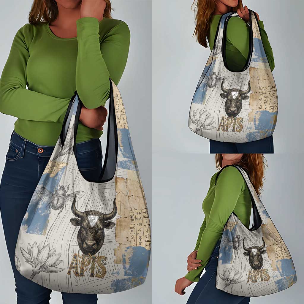 Apis Ancient Egyptian Grocery Bag with Beige-Gray Hieroglyphic, Ornate Bull Head, and Gold-Blue Typography - Wonder Print Shop