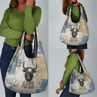 Apis Ancient Egyptian Grocery Bag with Beige-Gray Hieroglyphic, Ornate Bull Head, and Gold-Blue Typography - Wonder Print Shop