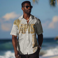 Apis Ancient Egyptian Hawaiian Shirt with Beige-Gray Hieroglyphic, Ornate Bull Head, and Gold-Blue Typography - Wonder Print Shop