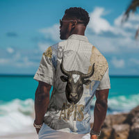 Apis Ancient Egyptian Hawaiian Shirt with Beige-Gray Hieroglyphic, Ornate Bull Head, and Gold-Blue Typography - Wonder Print Shop