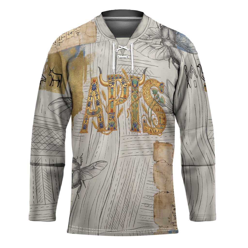 Apis Ancient Egyptian Hockey Jersey with Beige-Gray Hieroglyphic, Ornate Bull Head, and Gold-Blue Typography - Wonder Print Shop