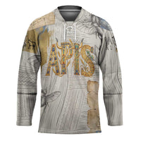 Apis Ancient Egyptian Hockey Jersey with Beige-Gray Hieroglyphic, Ornate Bull Head, and Gold-Blue Typography - Wonder Print Shop