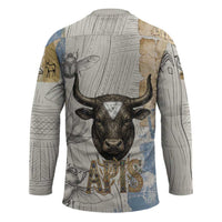 Apis Ancient Egyptian Hockey Jersey with Beige-Gray Hieroglyphic, Ornate Bull Head, and Gold-Blue Typography - Wonder Print Shop