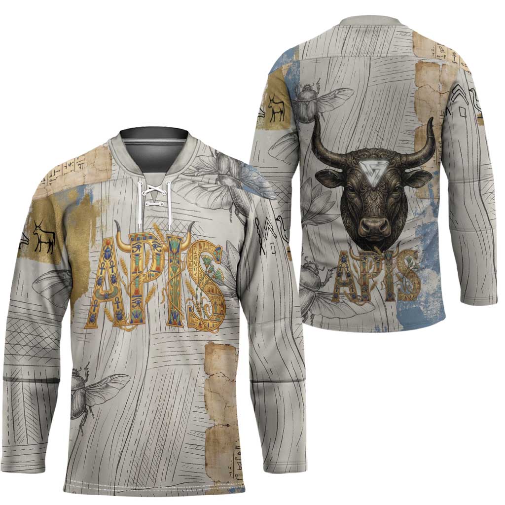 Apis Ancient Egyptian Hockey Jersey with Beige-Gray Hieroglyphic, Ornate Bull Head, and Gold-Blue Typography - Wonder Print Shop