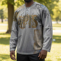Apis Ancient Egyptian Hockey Jersey with Beige-Gray Hieroglyphic, Ornate Bull Head, and Gold-Blue Typography - Wonder Print Shop