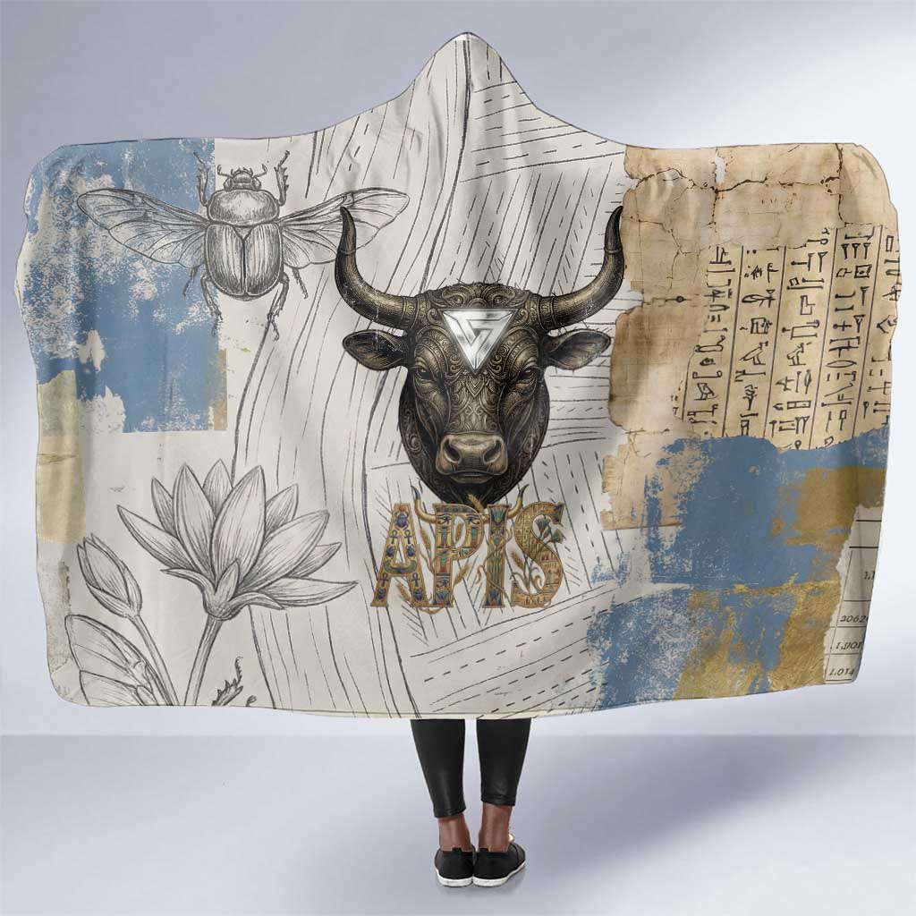 Apis Ancient Egyptian Hooded Blanket with Beige-Gray Hieroglyphic, Ornate Bull Head, and Gold-Blue Typography - Wonder Print Shop