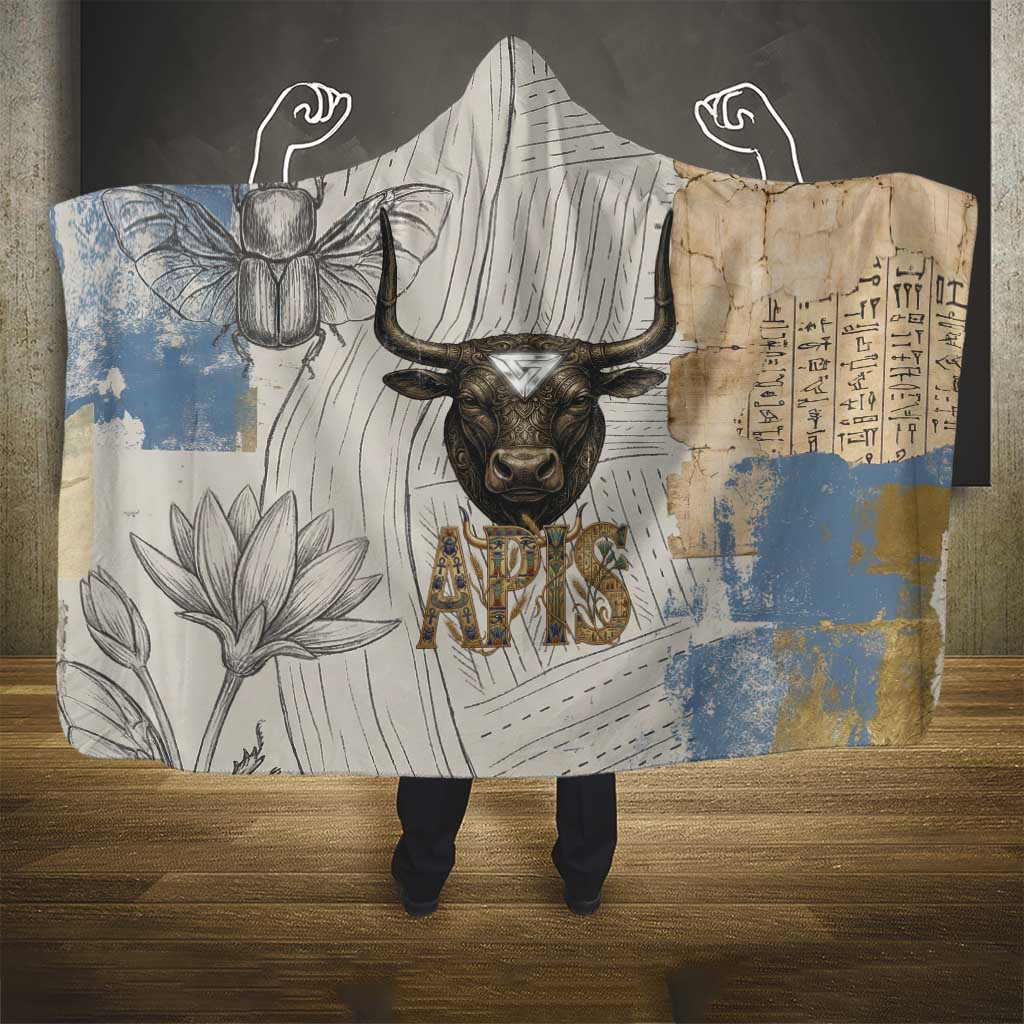 Apis Ancient Egyptian Hooded Blanket with Beige-Gray Hieroglyphic, Ornate Bull Head, and Gold-Blue Typography - Wonder Print Shop