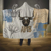 Apis Ancient Egyptian Hooded Blanket with Beige-Gray Hieroglyphic, Ornate Bull Head, and Gold-Blue Typography - Wonder Print Shop