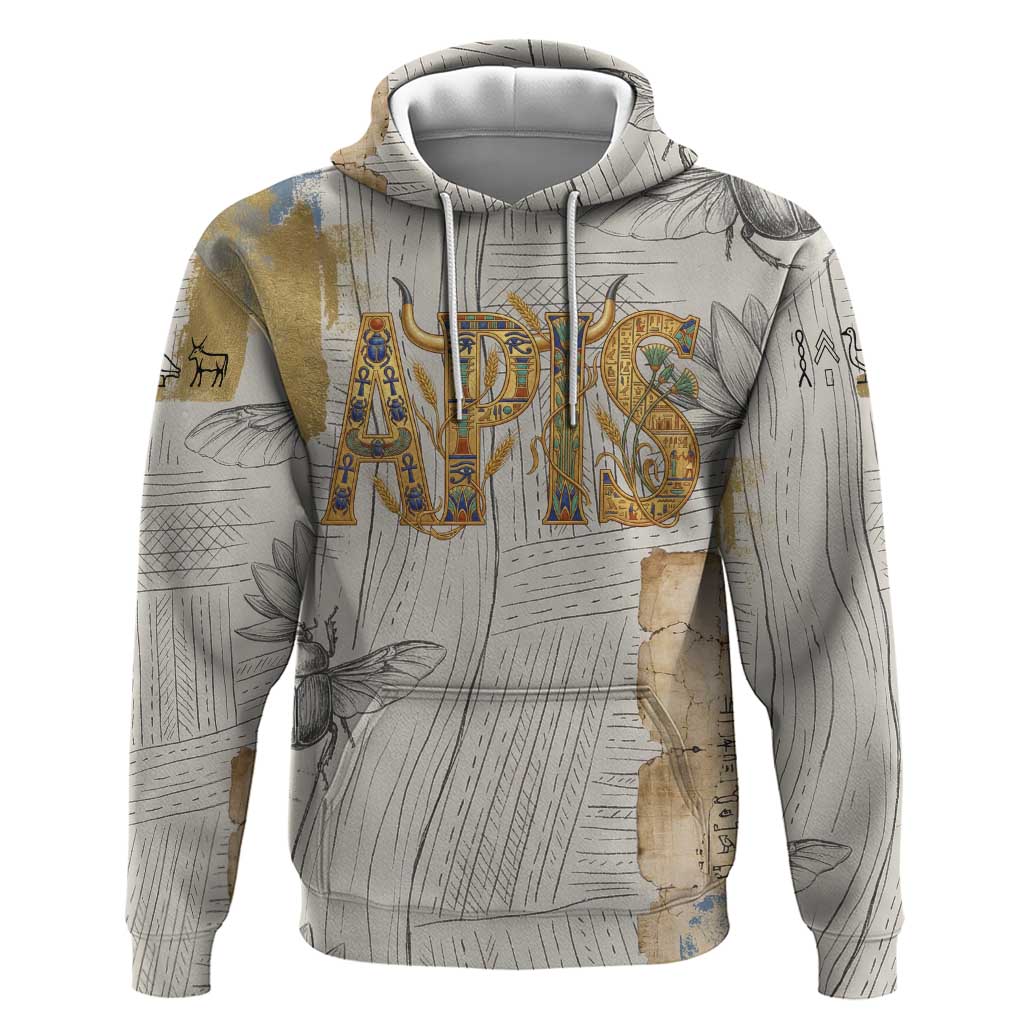 Apis Ancient Egyptian Hoodie with Beige-Gray Hieroglyphic, Ornate Bull Head, and Gold-Blue Typography - Wonder Print Shop