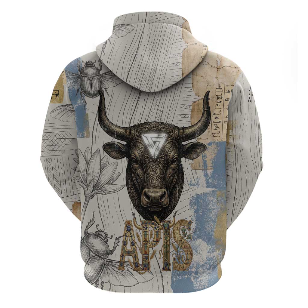 Apis Ancient Egyptian Hoodie with Beige-Gray Hieroglyphic, Ornate Bull Head, and Gold-Blue Typography - Wonder Print Shop