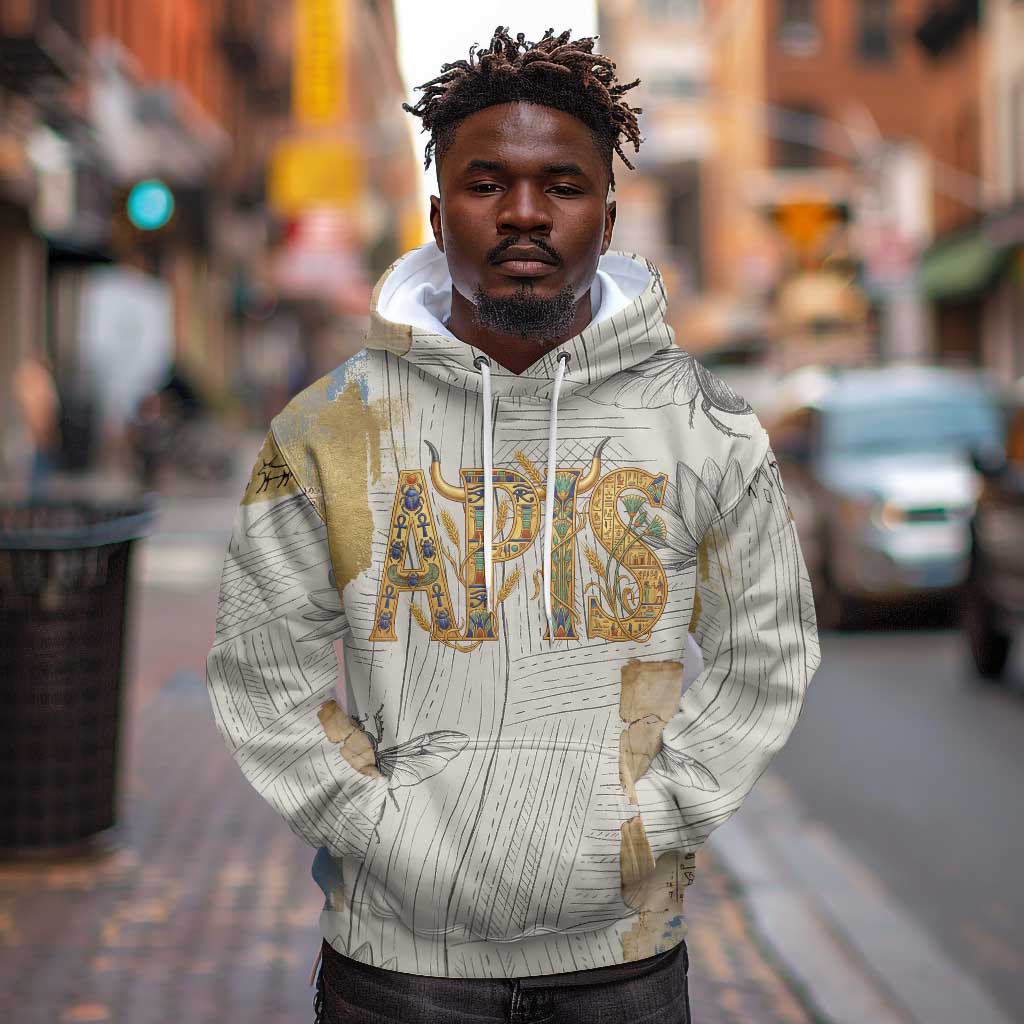 Apis Ancient Egyptian Hoodie with Beige-Gray Hieroglyphic, Ornate Bull Head, and Gold-Blue Typography - Wonder Print Shop