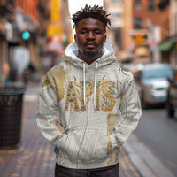 Apis Ancient Egyptian Hoodie with Beige-Gray Hieroglyphic, Ornate Bull Head, and Gold-Blue Typography - Wonder Print Shop