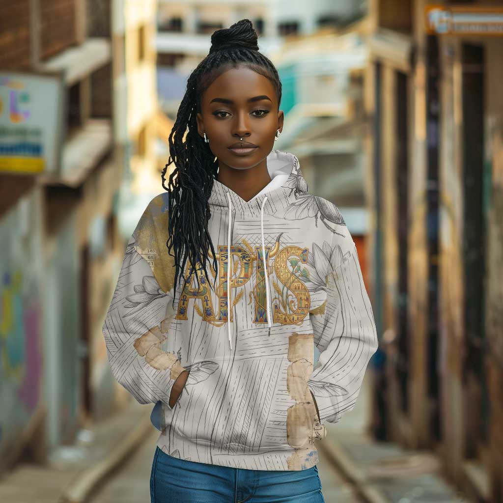 Apis Ancient Egyptian Hoodie with Beige-Gray Hieroglyphic, Ornate Bull Head, and Gold-Blue Typography - Wonder Print Shop