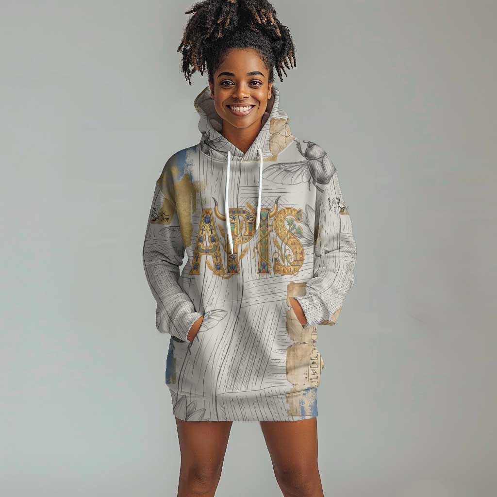 Apis Ancient Egyptian Hoodie Dress with Beige-Gray Hieroglyphic, Ornate Bull Head, and Gold-Blue Typography - Wonder Print Shop