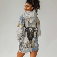 Apis Ancient Egyptian Hoodie Dress with Beige-Gray Hieroglyphic, Ornate Bull Head, and Gold-Blue Typography - Wonder Print Shop