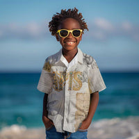 Apis Ancient Egyptian Kid Hawaiian Shirt with Beige-Gray Hieroglyphic, Ornate Bull Head, and Gold-Blue Typography - Wonder Print Shop